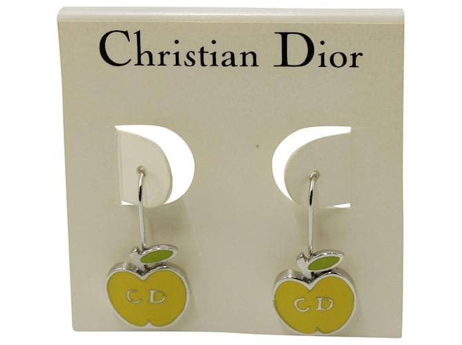 Christian Dior 1990s CD Apple Earrings in Silver Metal Yellow  ref.597035