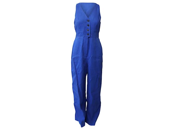 Diane Von Furstenberg Button Up Fitted Jumpsuit in Blue Linen  ref.597697
