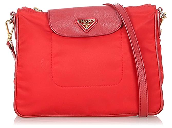 Prada Red Tessuto Crossbody Bag Leather Pony-style calfskin Nylon Cloth  ref.597713