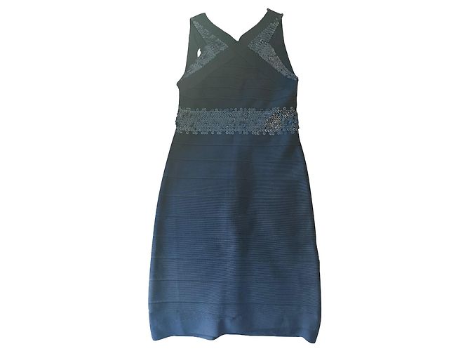 Vestido Herve Leger Negro con Lentejuelas de Cuero Talla 40