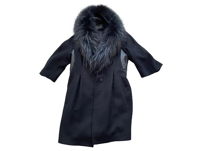 Autre Marque Abrigo de lana con cuello de piel negro