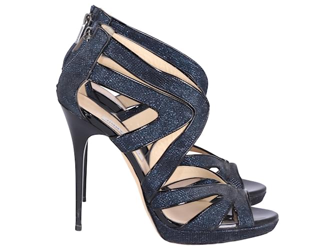 Jimmy Choo Glitter Strappy Sandals in Blue Leather  ref.598442