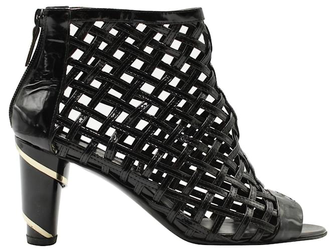 Chanel Black Patent Leather Vintage Mesh Peep-Toe Boots ref.599666