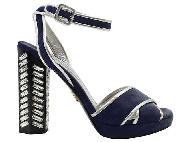 Prada Dark Blue Heels with Crystal Embellishments  ref.599881
