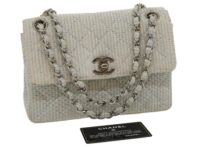 CHANEL Matelasse Tweed Turn Lock Chain Shoulder Bag White Light Blue Auth 29960a Cloth  ref.600245