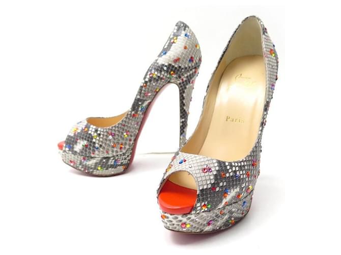 CHRISTIAN LOUBOUTIN LADY PEEP MOONLIGHT SHOES 39.5 PYTHON SHOES Silvery Exotic leather  ref.600396