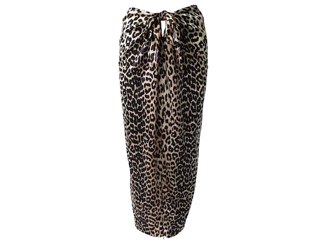 Falda larga con estampado de leopardo Ganni y detalle de lazo en seda marrón Castaño  ref.601338