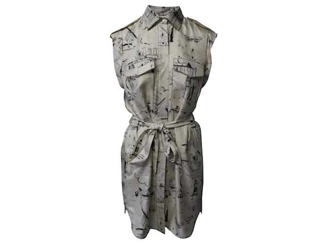 Burberry Landmark Print Belted Sleeveless Dress Shirt in Off White Silk  ref.601367