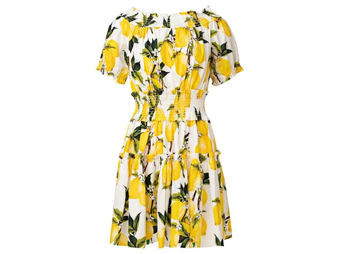 Dolce & Gabbana Vestido en algodón con detalle fruncido y estampado de limones Amarillo  ref.601698