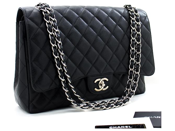 CHANEL große klassische Handtasche Kette Umhängetasche Flap Black Caviar Schwarz Leder  ref.601804