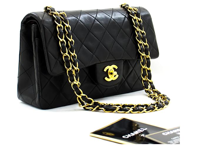 Chanel 2.55 solapa forrada 9"Bolso de hombro con cadena Edredón de piel de cordero negro Cuero  ref.601812