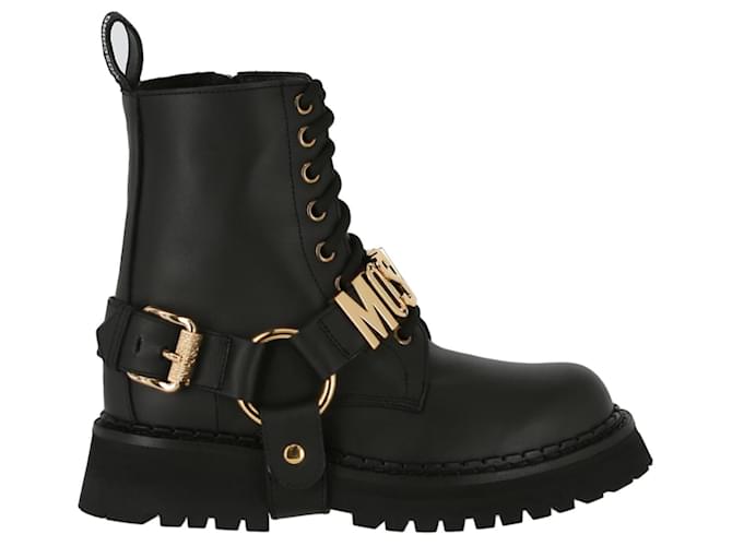 Moschino Logo Leather Combat Boots Black  ref.602053