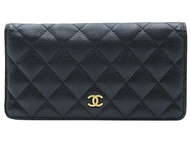 Chanel Timeless Black Caviar Long Flap Wallet mit Gold Gardware Schwarz Leder  ref.602085