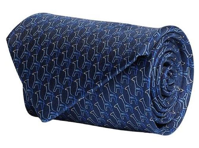 Salvatore Ferragamo Corbata de seda con estampado de jirafas Azul  ref.602168