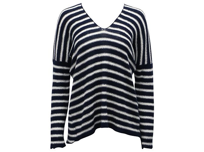 Pull Rayé Vince en Lin Bleu Marine