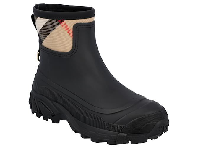 Burberry women check panel rain boots in black rubber  ref.602257