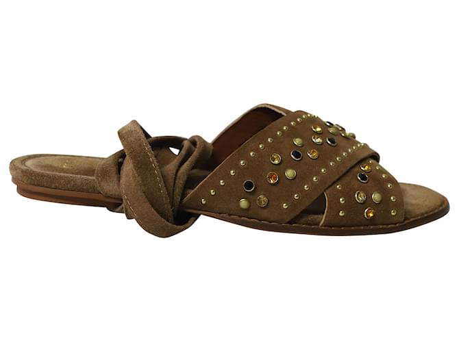 Maje Feminy Lace-up Studded Sandals in Brown Suede   ref.602384