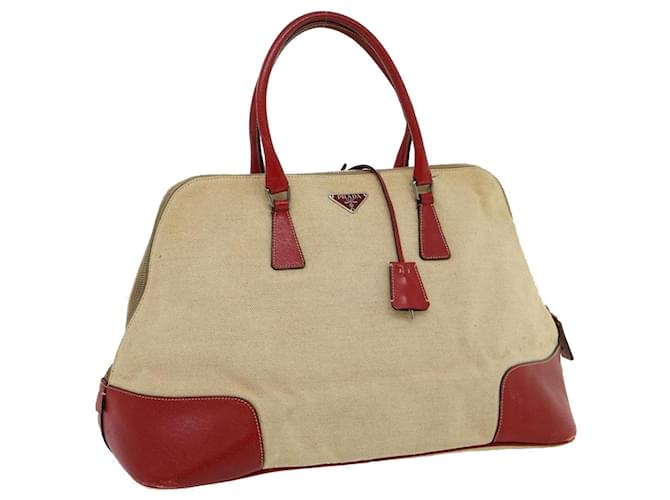 バッグ PRADA canvas leather hand bag PRADA Hand Bag Canvas Leather Beige Red Auth ar7126 Cloth