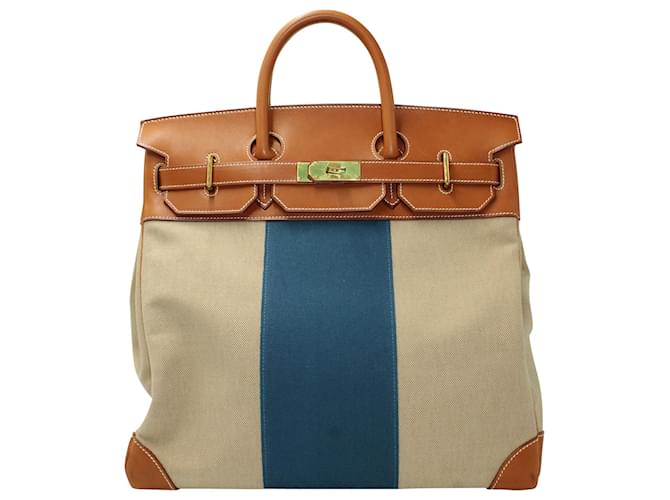 Hermès Hermes Birkin HAC Flag 50 Tote Bag in Brown and Blue Canvas  Multiple colors Cloth  ref.602880