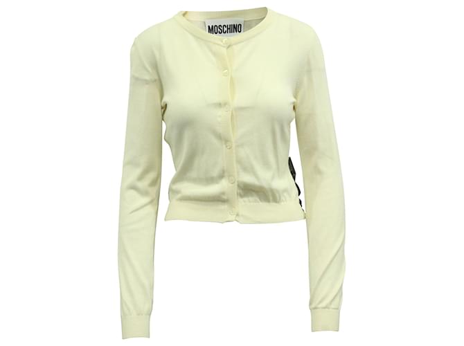 Moschino Cardigan de malha embelezada com laço em creme e poliamida preta Impressão em python Nylon  ref.602967