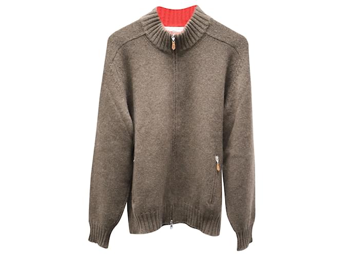 Brunello Cucinelli Gerippter Pullover mit Reißverschluss aus braunem Kaschmir Wolle  ref.603303