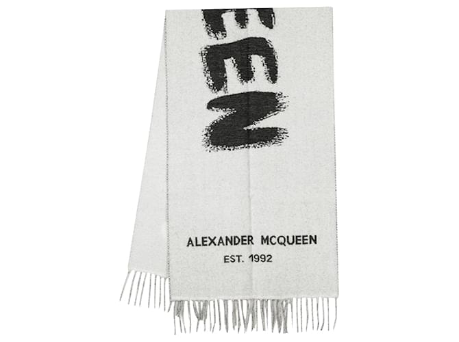 Alexander Mcqueen Graffiti-Biker-Schal aus schwarzer und elfenbeinfarbener Wolle Weiß  ref.603842