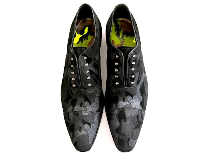 Philipp Plein Camouflage Skull Class Shoes Black Grey Dark grey Leather  ref.604068