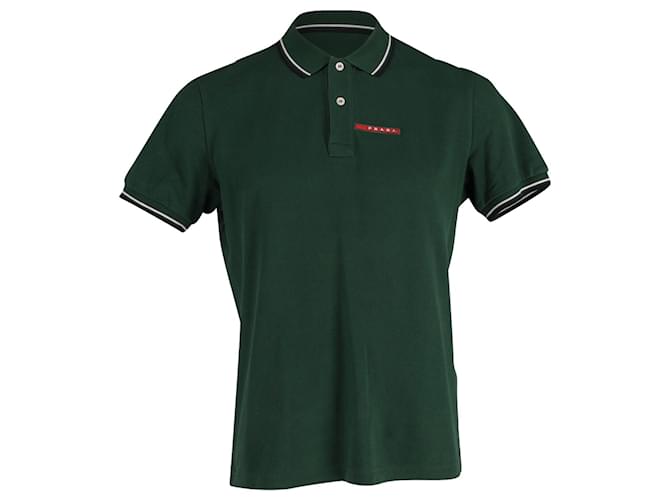 Prada Striped Trim Detail Polo T-Shirt in Green Cotton  ref.604216