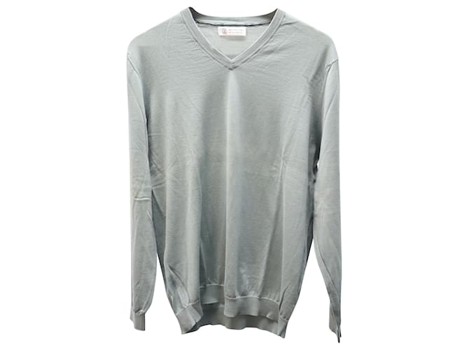 Brunello Cucinelli V-Neck Sweater in Light Green Cotton  ref.604227