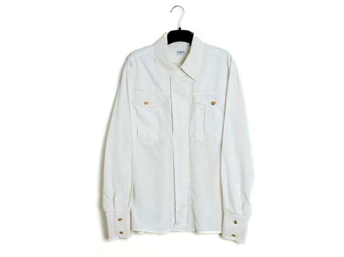 Chanel Patch Pocket Button Up Shirt White Cotton Poplin
