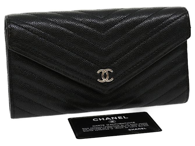 CHANEL V stitch Long Wallet Caviar Skin Black CC Auth 30285a