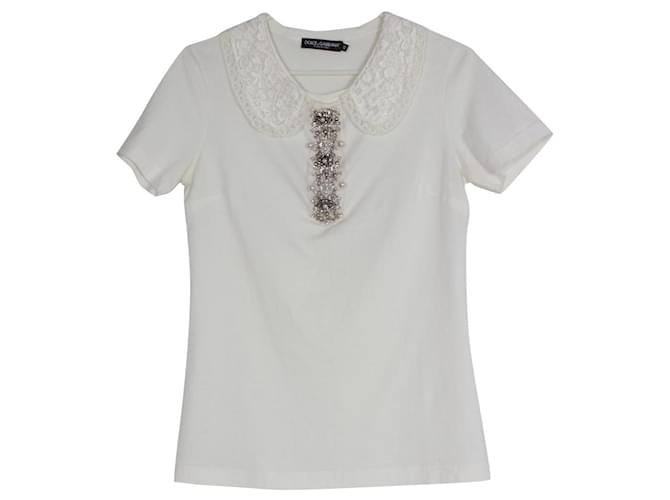 Dolce & Gabbana Dolce&Gabbana Blusen-T-Shirt mit Kristallen Weiß Baumwolle  ref.605347