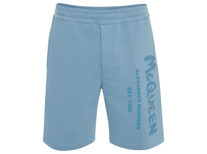 Shorts in jersey con stampa logo Alexander McQueen Blu Cotone  ref.606504