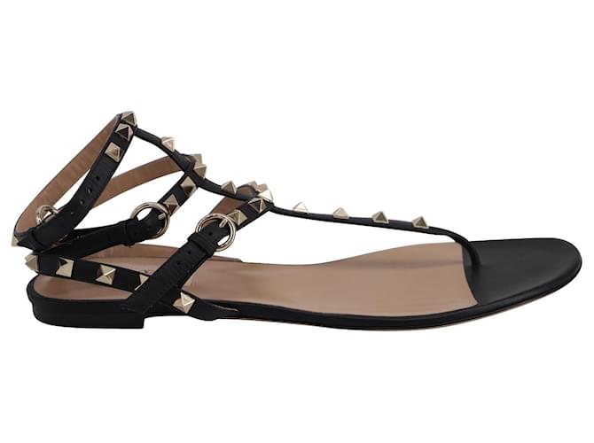 Rockstud Flat Calfskin Sandal With Straps for Woman in Black
