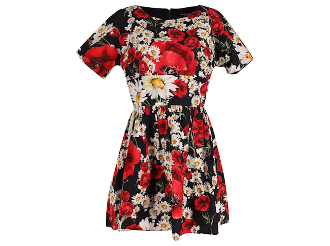 Dolce & Gabbana Daisy and Poppy Print Mini Dress in Black Cotton  ref.606579