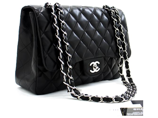 CHANEL Large Classic Handbag 11Chain Shoulder Bag Flap Black Lamb