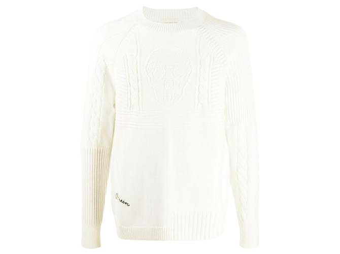 Alexander McQueen - Suéter clásico de marfil con estampado de calaveras y patchwork Blanco Algodón  ref.607103