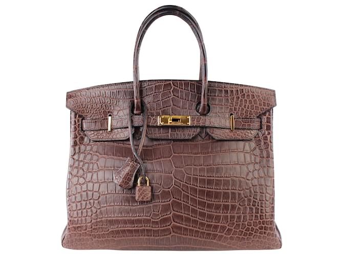 Hermès Matte Gris Elefante Porosus Crocodilo Couro Ouro Hardware Birkin 35 Bolsa Marrom  ref.607505