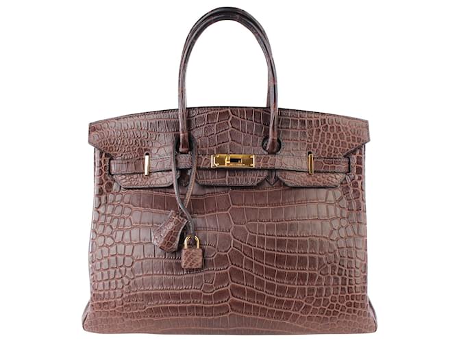 Hermès Matte Gris Elephant Porosus Crocodile Leather Gold Hardware Birkin 35 Sac Cuir Marron  ref.607505