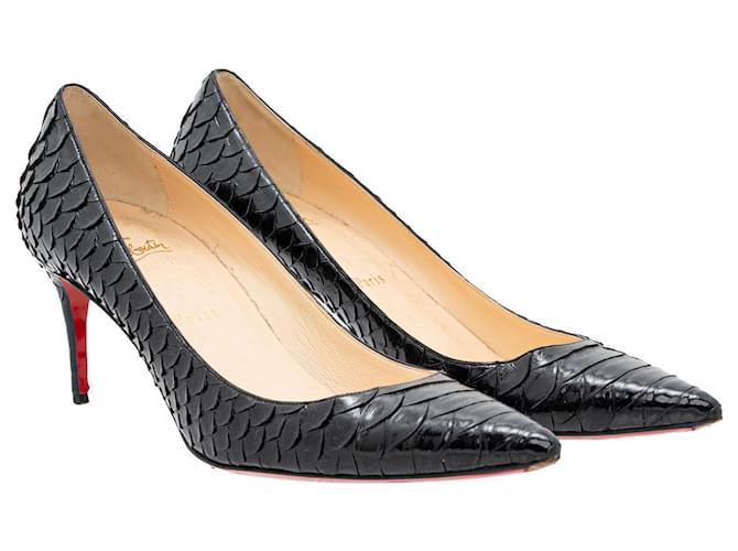 Christian Louboutin Kate Glossed Lizard-Effect Leather Pumps Black  ref.607860