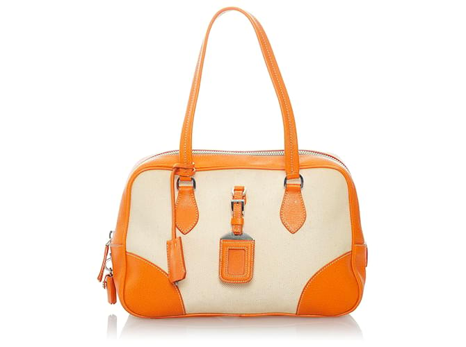 Prada White Canvas Shoulder Bag Orange Leather Cloth Pony-style calfskin Cloth  ref.608038