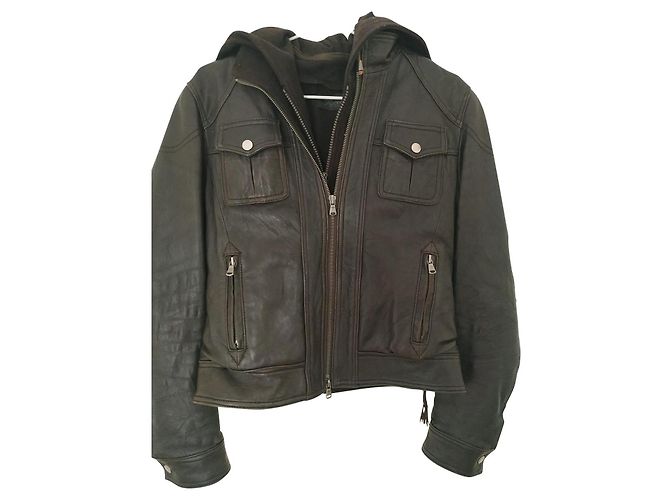 Autre Marque Jaqueta biker acolchoada de couro marrom escuro com capuz removível