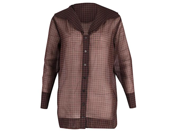 Ganni Sheer Checkered Shirt in Brown Polyester  ref.608248