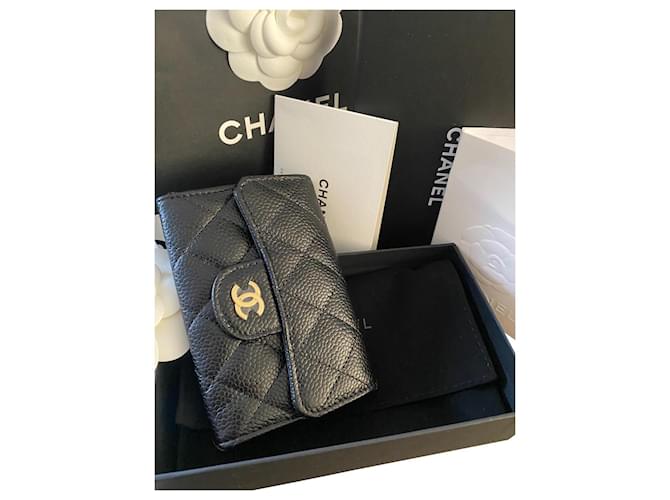 Chanel flap card holder caviar gold hardware Black Leather ref