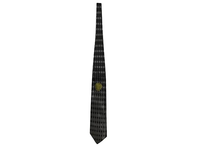Cravate à imprimé géométrique Gianni Versace en soie noire et argentée  ref.608378