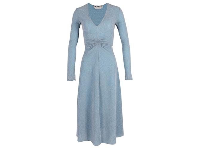 Autre Marque Rotate Birger Christensen Gathered Metallic Stretch-Knit Midi Dress in Light Blue Polyester  ref.608452