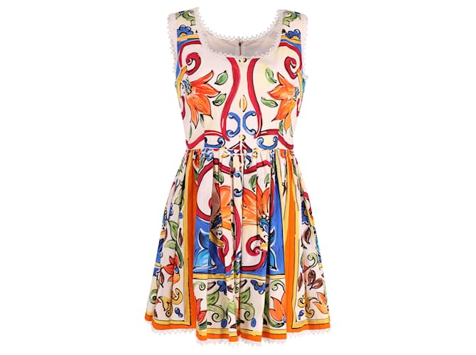 Dolce & Gabbana Majolica Print Scoop Neck Dress in Multicolor Cotton  ref.608471