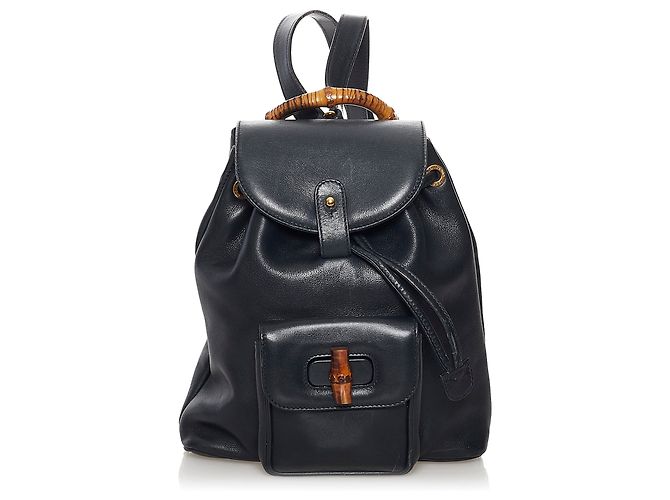 Gucci Black Bamboo Drawstring Leather Backpack