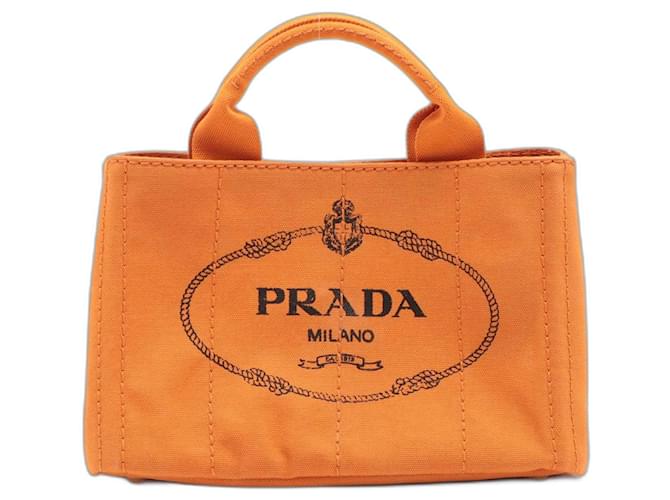 Tote Sac shopping Prada en toile de coton Orange Small  ref.609603