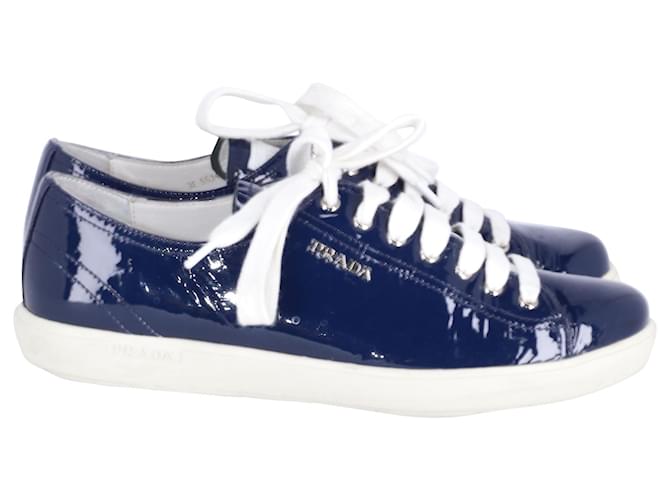 Prada Lace Up Sneakers with Emblem in Blue Patent Leather  ref.609839